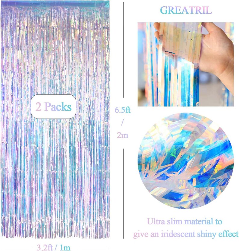May include: Two packs of iridescent fringe curtains measuring 6.5 feet by 3.2 feet. The material is ultra-slim and creates a shiny, reflective effect with blue, pink, and silver tones. The brand name GREATRIL is visible at the top of the image.