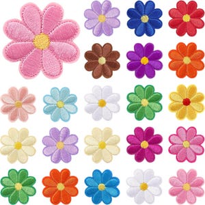 May include: A collection of twenty-one embroidered flower patches in various colors including pink, purple, blue, red, brown, orange, light blue, white, green, yellow, and magenta. Each patch features eight rounded petals and a circular center.