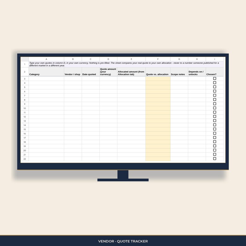 Vendor / Quote Tracker tab: type your own quotes and compare each one to your allocation.