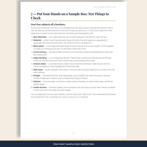 Cabinet guide page: ten things to check on a real sample box — thickness, material, back, joinery, banding, slides, soft-close, hinges, shelves, interior.