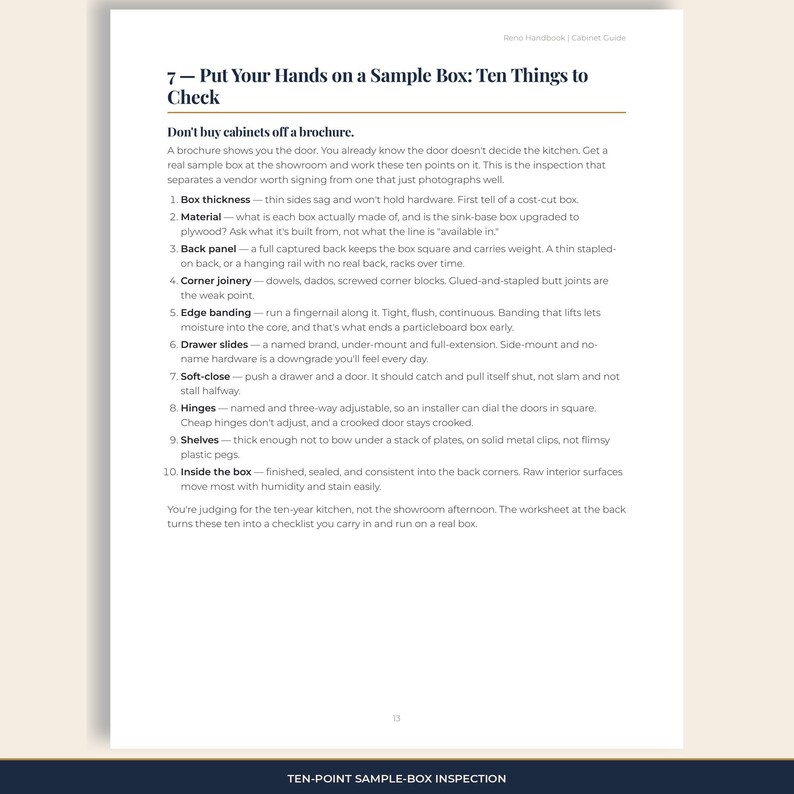Cabinet guide page: ten things to check on a real sample box — thickness, material, back, joinery, banding, slides, soft-close, hinges, shelves, interior.