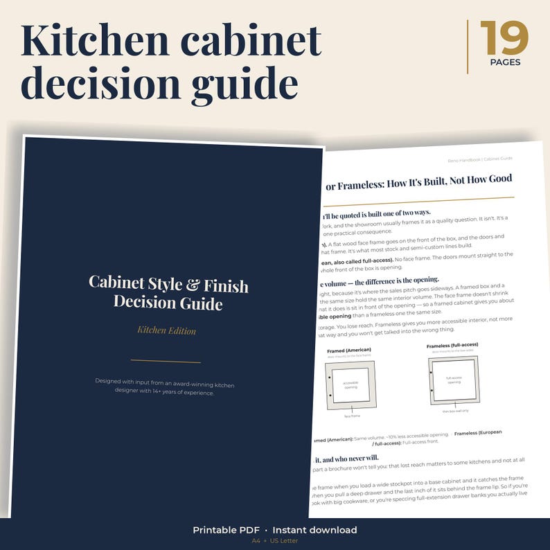 Kitchen cabinet decision guide, 19 pages, printable PDF