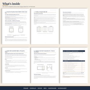 What's inside the cabinet decision guide: six real pages — framed vs frameless, overlay, door style, box, hardware, and the selection worksheet.