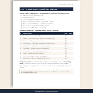 Cabinet selection worksheet: hardware spec checkboxes and a 10-row sample-box inspection score table.