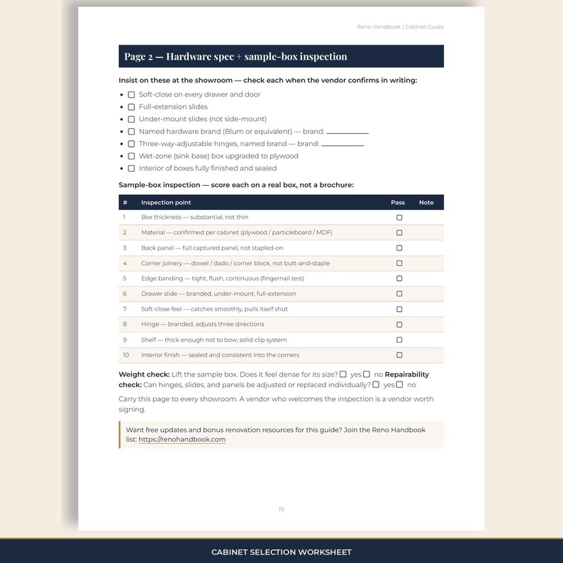 Cabinet selection worksheet: hardware spec checkboxes and a 10-row sample-box inspection score table.
