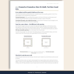 Cabinet guide page: framed (American) vs frameless (full-access) diagrams, plus the ~10% opening note.