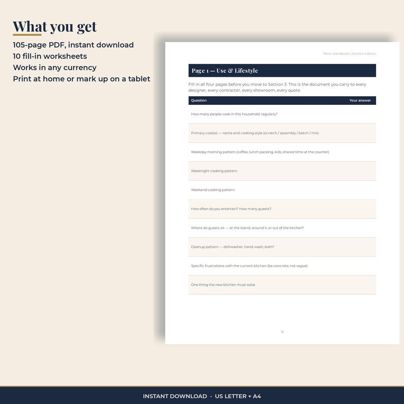 What you get: a 105-page printable kitchen renovation planner PDF, 10 worksheets, instant download, US Letter and A4.