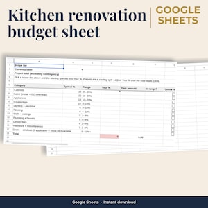 Kitchen renovation budget spreadsheet: Allocation tab, 11 categories, Google Sheets, instant access.