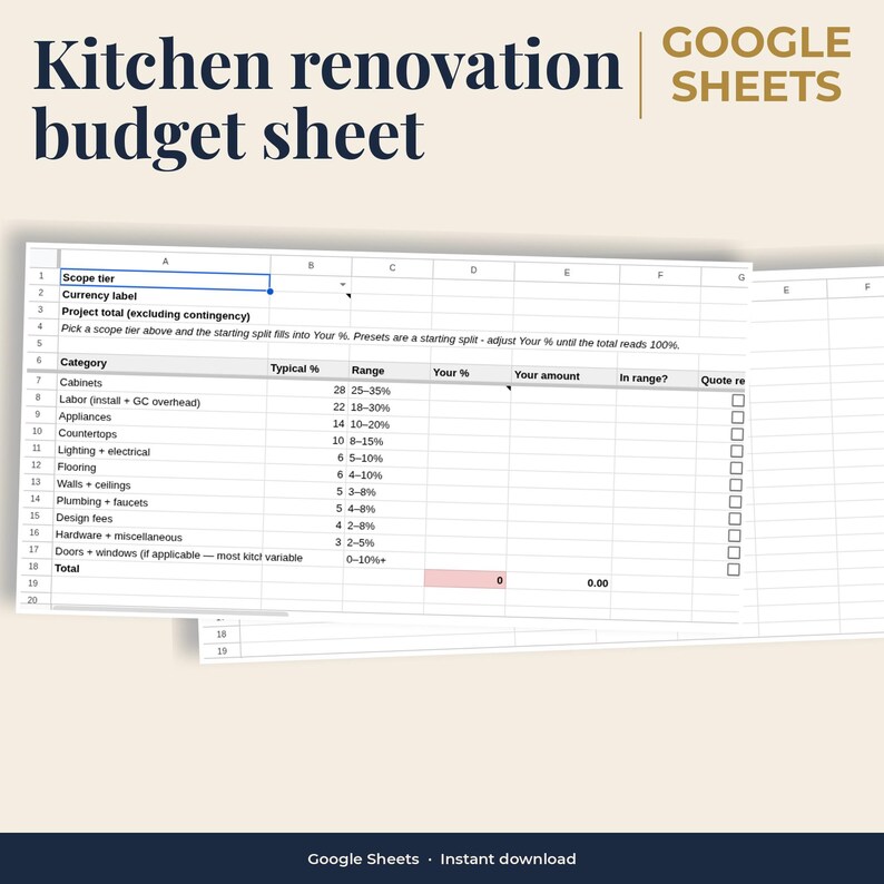 Kitchen renovation budget spreadsheet: Allocation tab, 11 categories, Google Sheets, instant access.