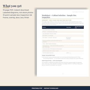 What you get: a 19-page cabinet decision guide PDF with labelled diagrams and a 10-point sample-box inspection list. Instant download.