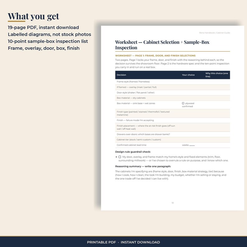 What you get: a 19-page cabinet decision guide PDF with labelled diagrams and a 10-point sample-box inspection list. Instant download.