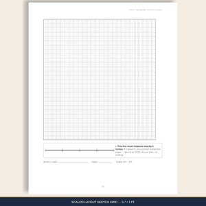 Planner page: scaled layout sketch grid at ¼ inch = 1 foot, with a 4-inch print-calibration bar.
