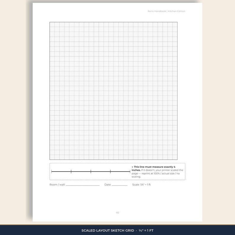 Planner page: scaled layout sketch grid at ¼ inch = 1 foot, with a 4-inch print-calibration bar.