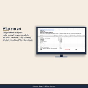 What you get: a Google Sheets kitchen renovation budget template. Make a copy into your Drive. Any currency. Works in Excel too. Instant access.