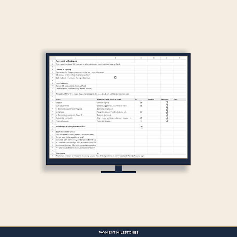 Payment Milestones tab: deposit through final, with percent draws and a cash-flow check before you sign.