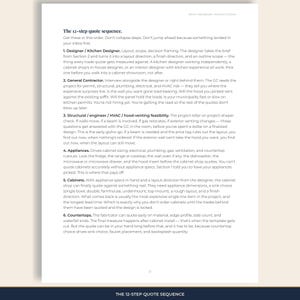Planner page: the 12-step quote sequence — designer, GC, feasibility, appliances, cabinets, then counters, in that order.
