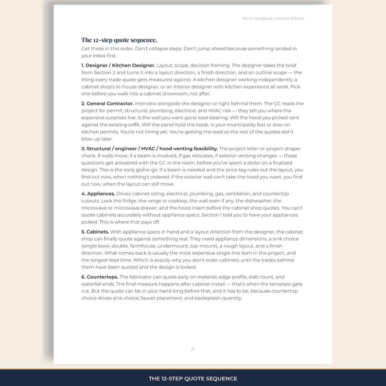 Planner page: the 12-step quote sequence — designer, GC, feasibility, appliances, cabinets, then counters, in that order.