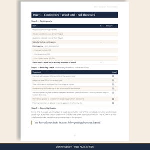 Planner page: contingency and red-flag check so you know when the budget is not ready.