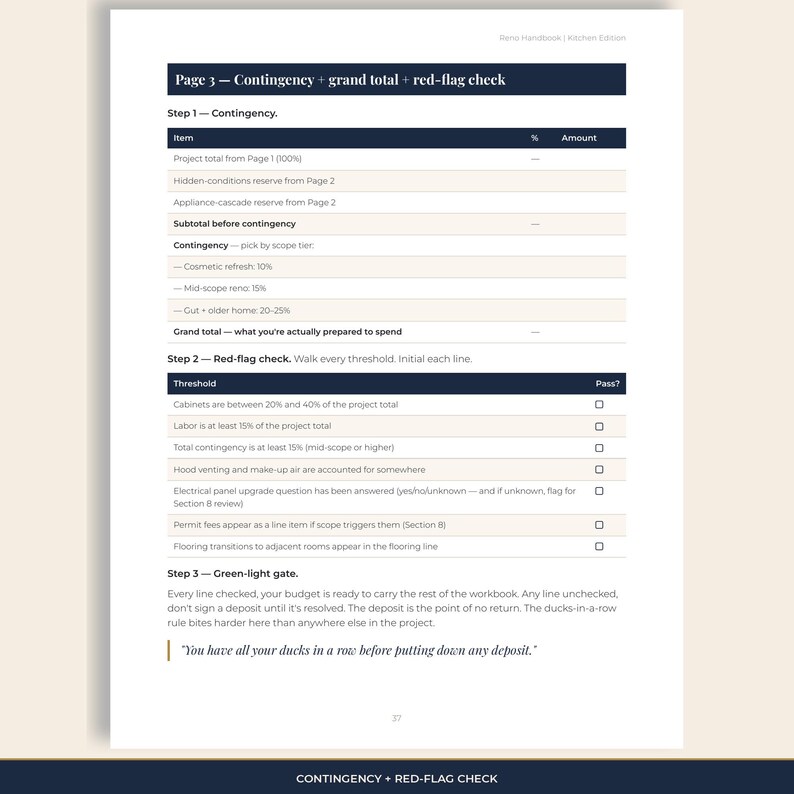 Planner page: contingency and red-flag check so you know when the budget is not ready.