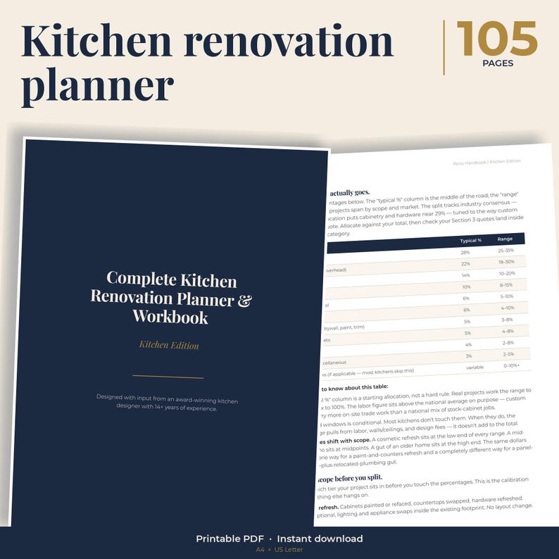 Kitchen renovation planner, 105 pages, printable PDF