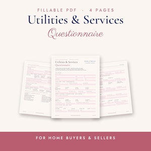 Utilities and Services Questionnaire Fillable PDF, Home Seller Info Sheet, Moving Checklist, Realtor Closing Gift, New Homeowner Form