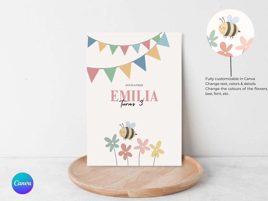 Editable Bee Birthday Invitation Canva Template | Floral Kids Party ...