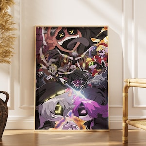 May include: A rectangular poster featuring a vibrant digital illustration of multiple animated characters with glowing eyes, robotic features, and expressive faces. The composition includes various figures in dynamic poses, showcasing a mix of dark, purple, and yellow colour tones throughout the detailed artwork.