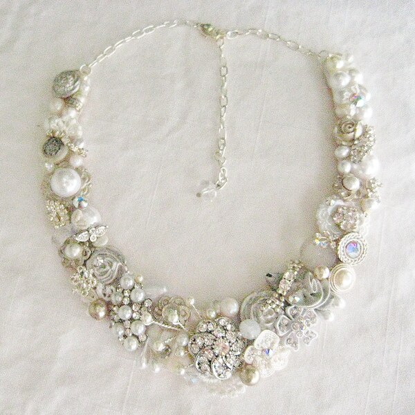 Pearl & Rhinestone Bridal Bib Necklace- Bridal Statement Necklace- Ivory Wedding Jewelry with Silver- Collar