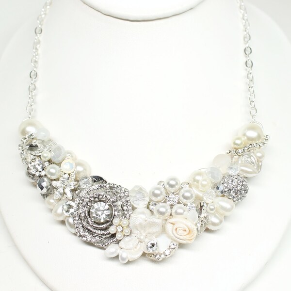 Rhinestone Bridal Bib Necklace- Pearl Statement Necklace- Bridal Statement Necklace- Ivory Wedding Necklace- Ivory Bridal Bib Necklace
