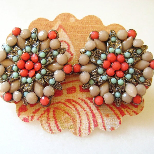 Flower Stud Earrings- Coral, Mint Blue, & Beige Beaded Geometric Floral Studs- Hipster Jewelry- Bohemian Post Earrings- Bridesmaids Gifts