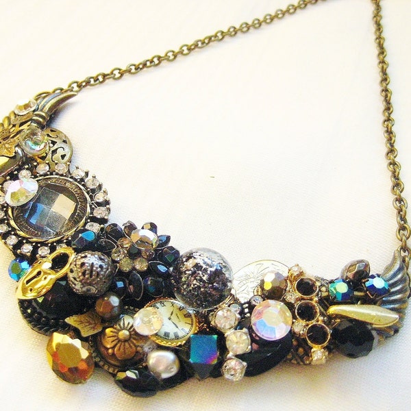 Black Collage Bib Necklace with Vintage Brooch- Couture Statement Piece