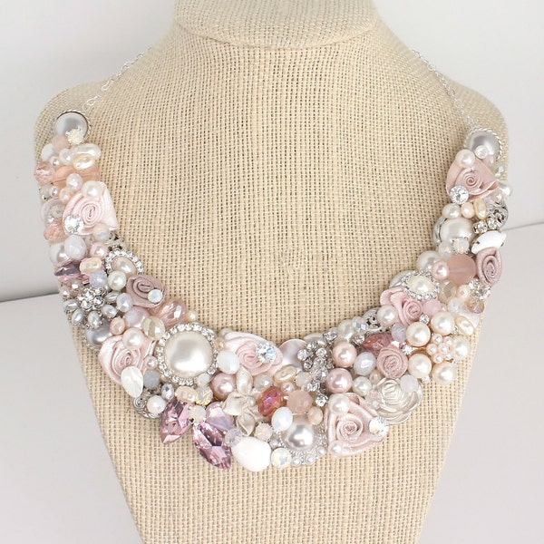 Blush Bridal Bib Necklace-Pink Floral Statement Necklace- Blush Pink Necklace- Champagne Pink Bridal Bib- Bridal Statement Bib-Rose Gold Bib
