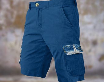 Pantalones cortos cargo para hombre Bar Harbor azul marino con estampado de barco en el bolsillo