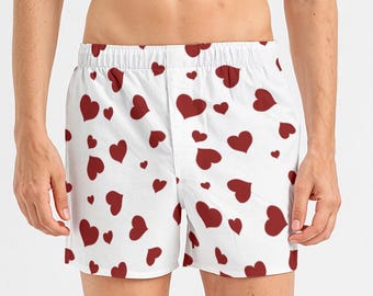 Red hearts on white Print Men's Short Boxer Briefs in 100% Cotton poplin.