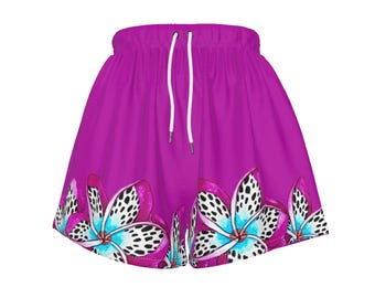Barari Collection Print Women's Sports Shorts in fucshia and tropical flowers.