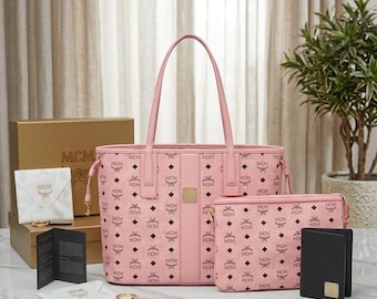 MCM Pink Monogram Tote Bag Set – Leather Shoulder Handbag with Pouch, Luxury Designer Gift