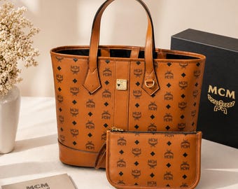 Authentic MCM Cognac Visetos Tote Bag with Matching Pouch | Luxury Designer Monogram Shoulder Bag