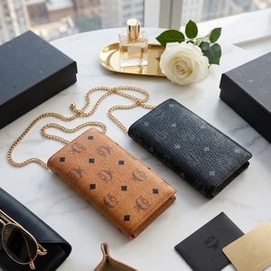 May include: Two leather wallets with gold chain straps, one tan and one black, are displayed on a marble surface. The wallets feature a repeating logo pattern. Other accessories include sunglasses, a perfume bottle, and a white rose.
