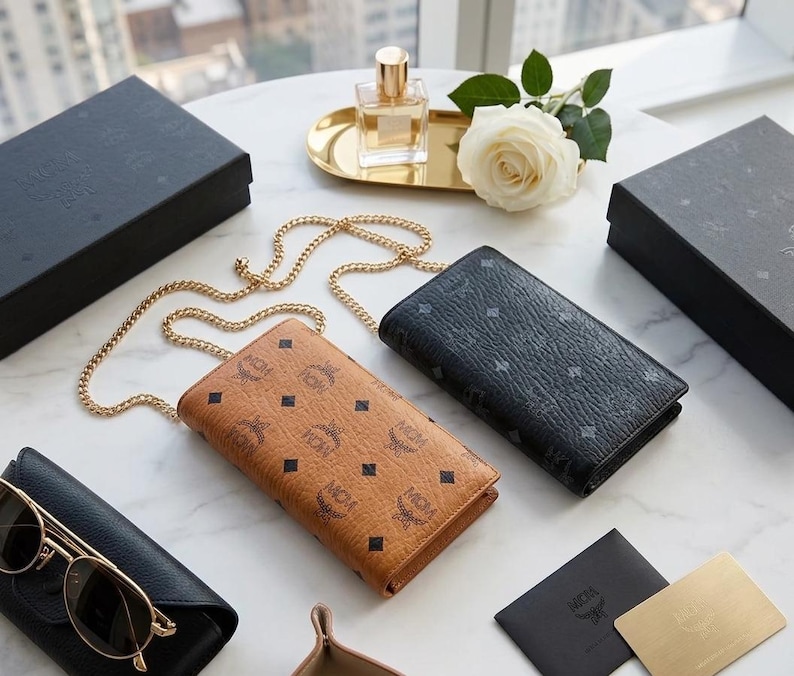 May include: Two leather wallets with gold chain straps, one tan and one black, are displayed on a marble surface. The wallets feature a repeating logo pattern. Other accessories include sunglasses, a perfume bottle, and a white rose.