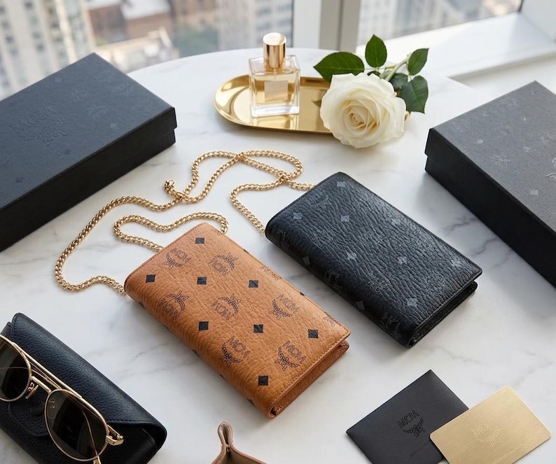May include: Two leather wallets with gold chain straps, one tan and one black, are displayed on a marble surface. The tan wallet has a repeating logo pattern with black diamond accents. A pair of sunglasses and a perfume bottle are also visible.
