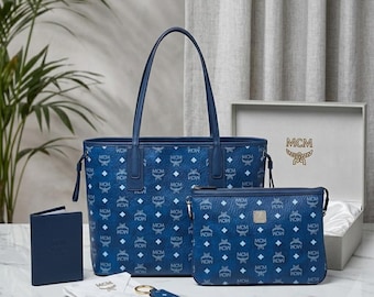 MCM Blue Monogram Tote Bag Set – Leather Shoulder Handbag with Pouch, Luxury Designer Gift