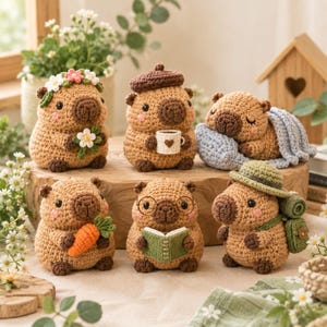 May include: Six crocheted capybara figurines in various poses: one with a flower crown, one holding a mug, one sleeping under a blue blanket, one holding a carrot, one wearing glasses and reading a book, and one with a hat and backpack.