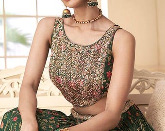 Conjunto de lehenga choli floral verde, lehenga de georgette de diseñador, ropa nupcial india, lehenga de boda, lehenga para fiestas (Reino Unido)