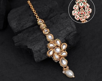 Traditional Kundan Maang Tikka with Pearl Drop – Gold Plated Bridal Hair Accessory