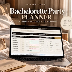 Peut inclure: Un ordinateur portable affichant un modèle Google Sheets de planificateur de fête de bachelorette avec des colonnes pour les noms, parts, paiements, numéros de téléphone et notes. L'écran affiche Calm Bride Studio, Plan, Track, Split Costs, Stay Organised.
