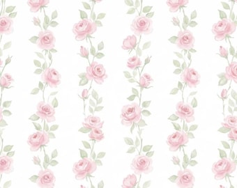 Watercolor Pink Rose Vine Stripe Fabric Delicate Floral Botanical Classical Fabric Cartoon 100% Cotton Fabric Anime Fabric By The Half Yard
