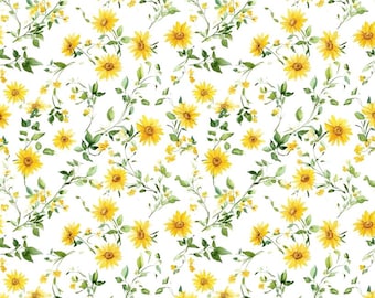 Sunflower Vine Fabric Spring Watercolor Yellow Floral Green Vines Leaves Fabric Cartoon 100% Cotton Fabric Anime Fabric By The Half Yard