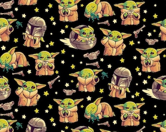 Star Wars Grogu Fabric Mandalorian Baby Yoda with Helmet Cute Starry Sky Fabric Cartoon 100% Cotton Fabric Anime Fabric By The Half Yard