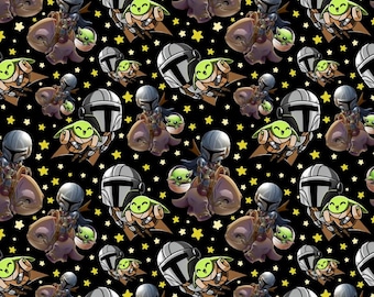 Star Wars Grogu & Mandalorian Fabric Baby Yoda Blurrg Starry Sky Black Cute Fabric Cartoon 100% Cotton Fabric Anime Fabric By The Half Yard