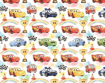 Lightning McQueen & Friends Fabric Race Car Rainbow Clouds Disney Watercolor Fabric Cartoon 100% Cotton Fabric Anime Fabric By The Half Yard